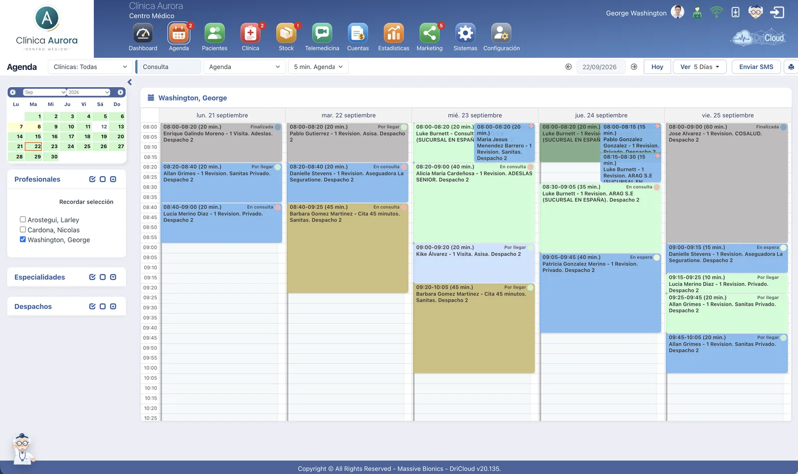 Agenda de un centro médico en DriCloud con cinco días a la vista, los profesionales y los despachos, y cada cita coloreada según su estado