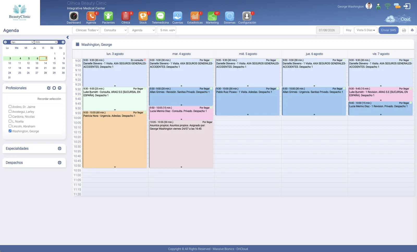 Citas por colores en la agenda clínica de DriCloud, con varios días y profesionales a la vista