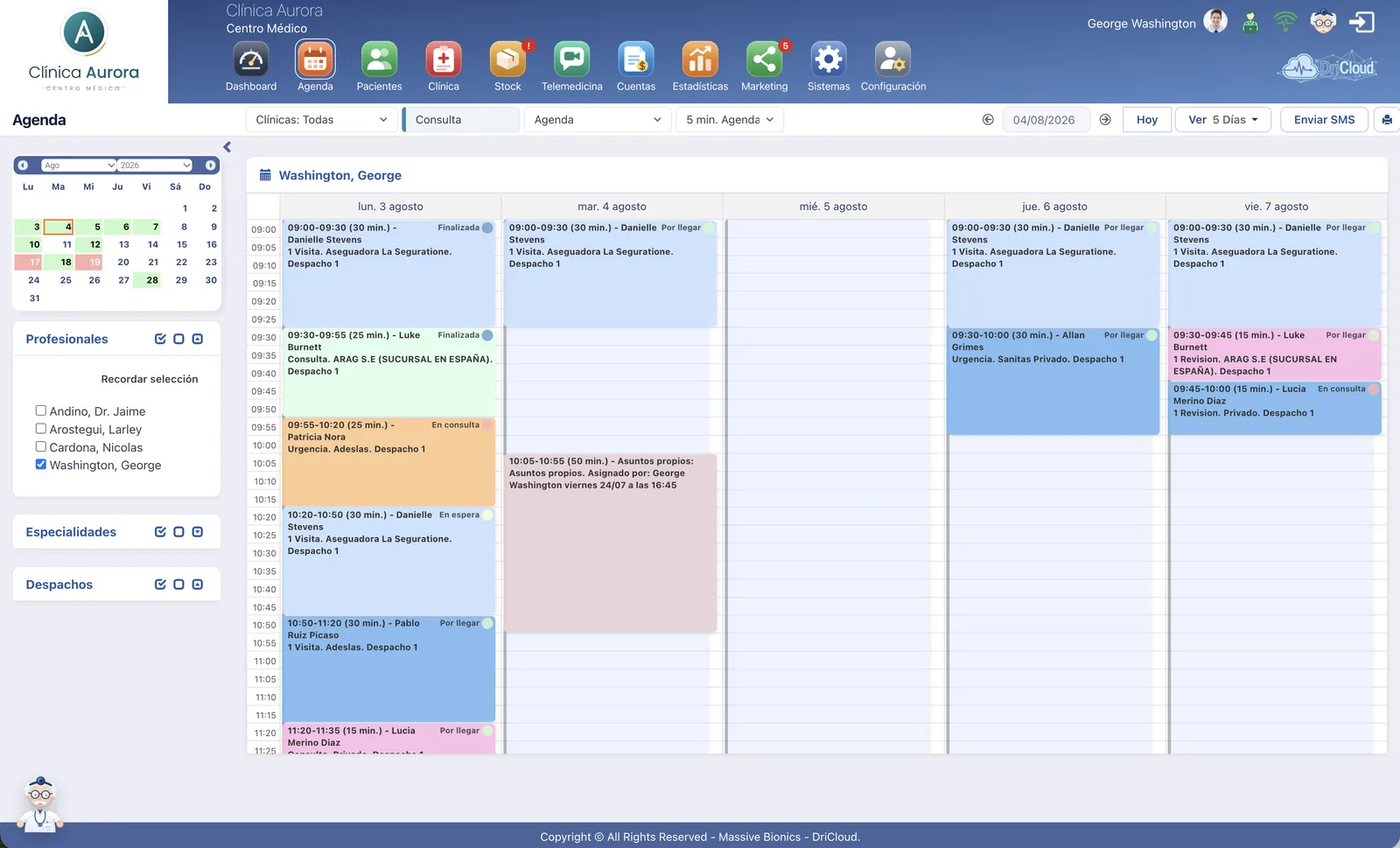 Agenda de una gran clinica en DriCloud con las citas de la semana por despacho, diferenciadas por color segun su estado, incluidas urgencias y asuntos propios