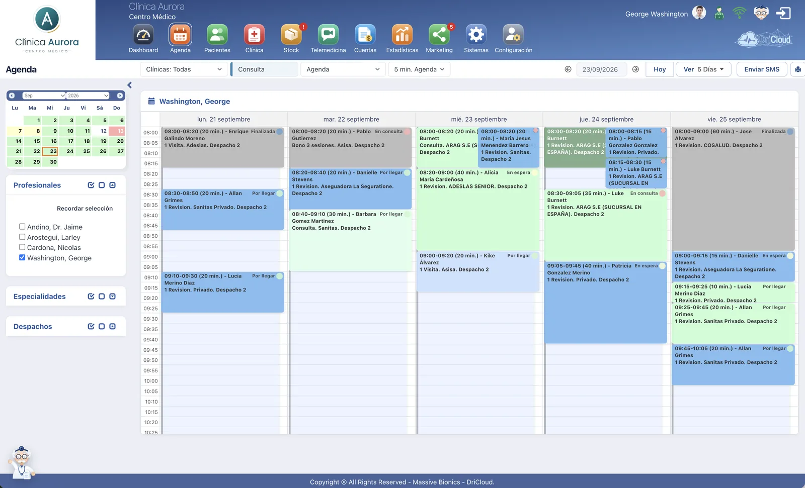Agenda semanal de una consulta en DriCloud, con las citas de cinco dias diferenciadas por color segun su estado y la aseguradora de cada paciente