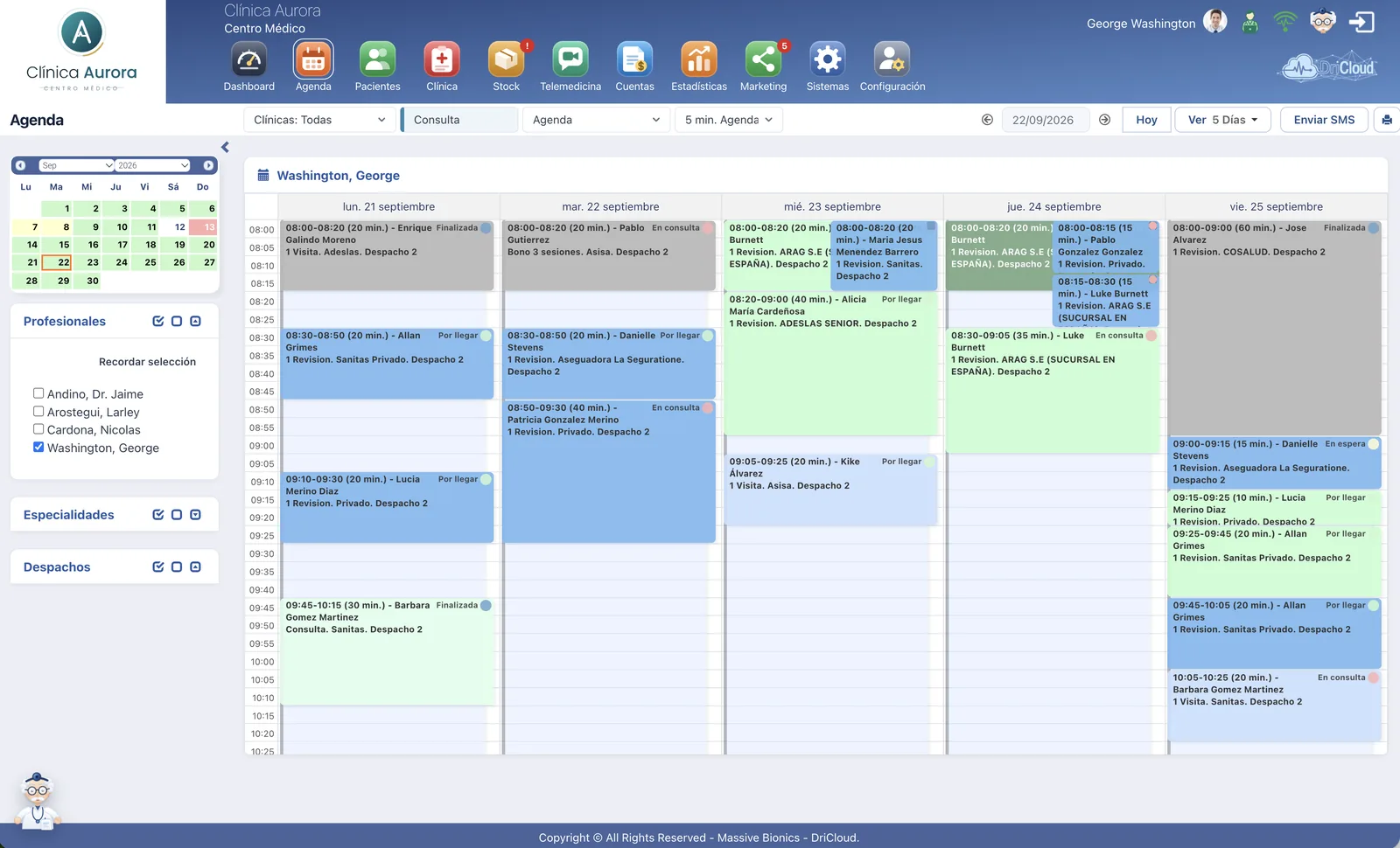 Agenda de DriCloud en vista de cinco dias, con las citas de la semana diferenciadas por color segun su estado
