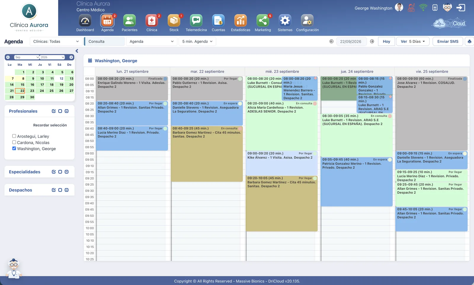Agenda médica semanal de DriCloud con las citas de la semana por profesional, coloreadas según su estado