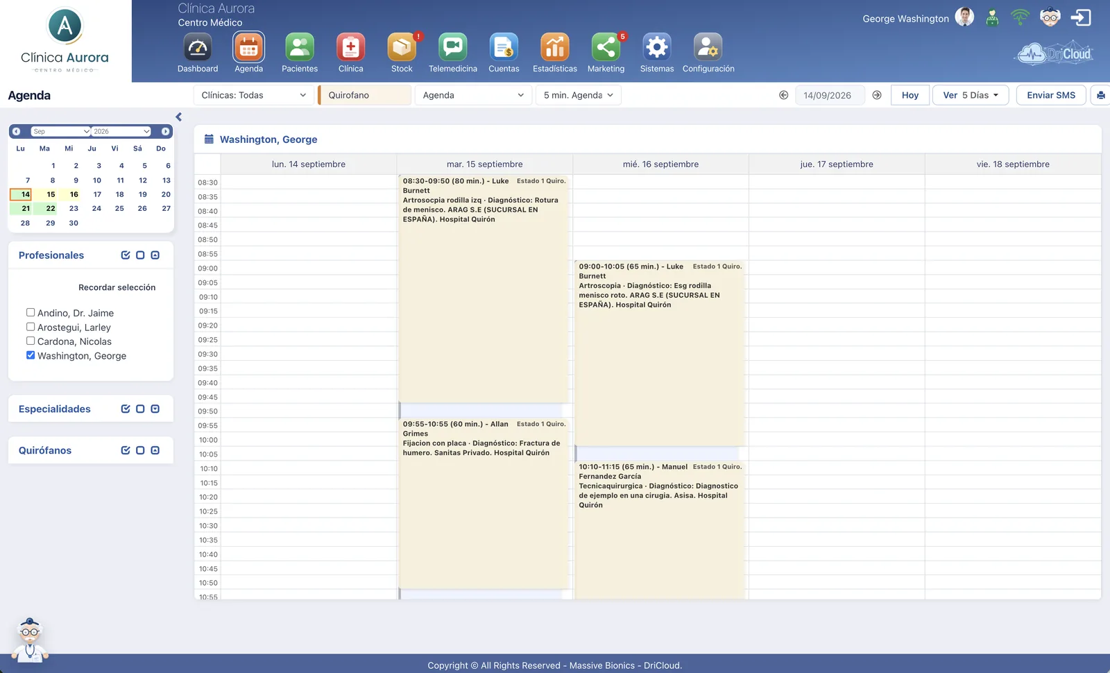Agenda de quirofano de un hospital en DriCloud, con las cirugias programadas por dia, su tecnica, diagnostico, aseguradora y centro