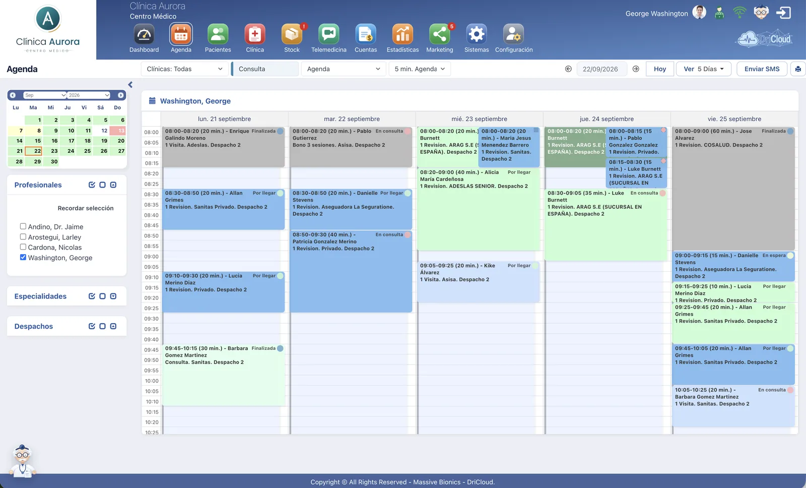 Agenda semanal de DriCloud con las citas de varios profesionales diferenciadas por colores y estados