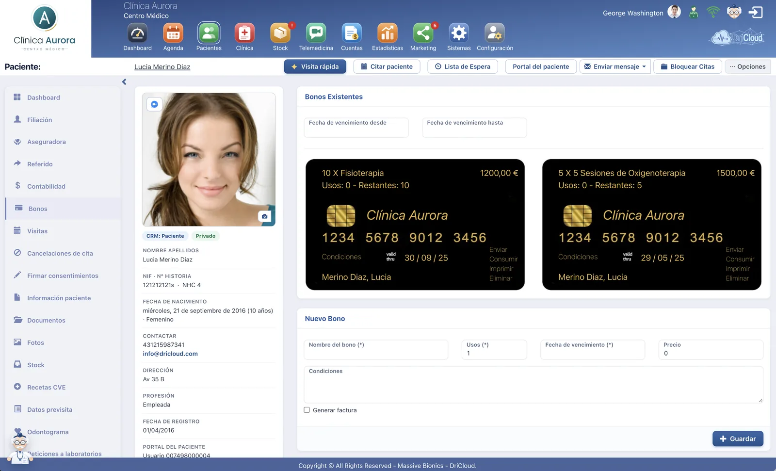 Bonos de sesiones de un paciente en DriCloud, con las sesiones restantes, el importe y la caducidad de cada bono, y el formulario para crear uno nuevo