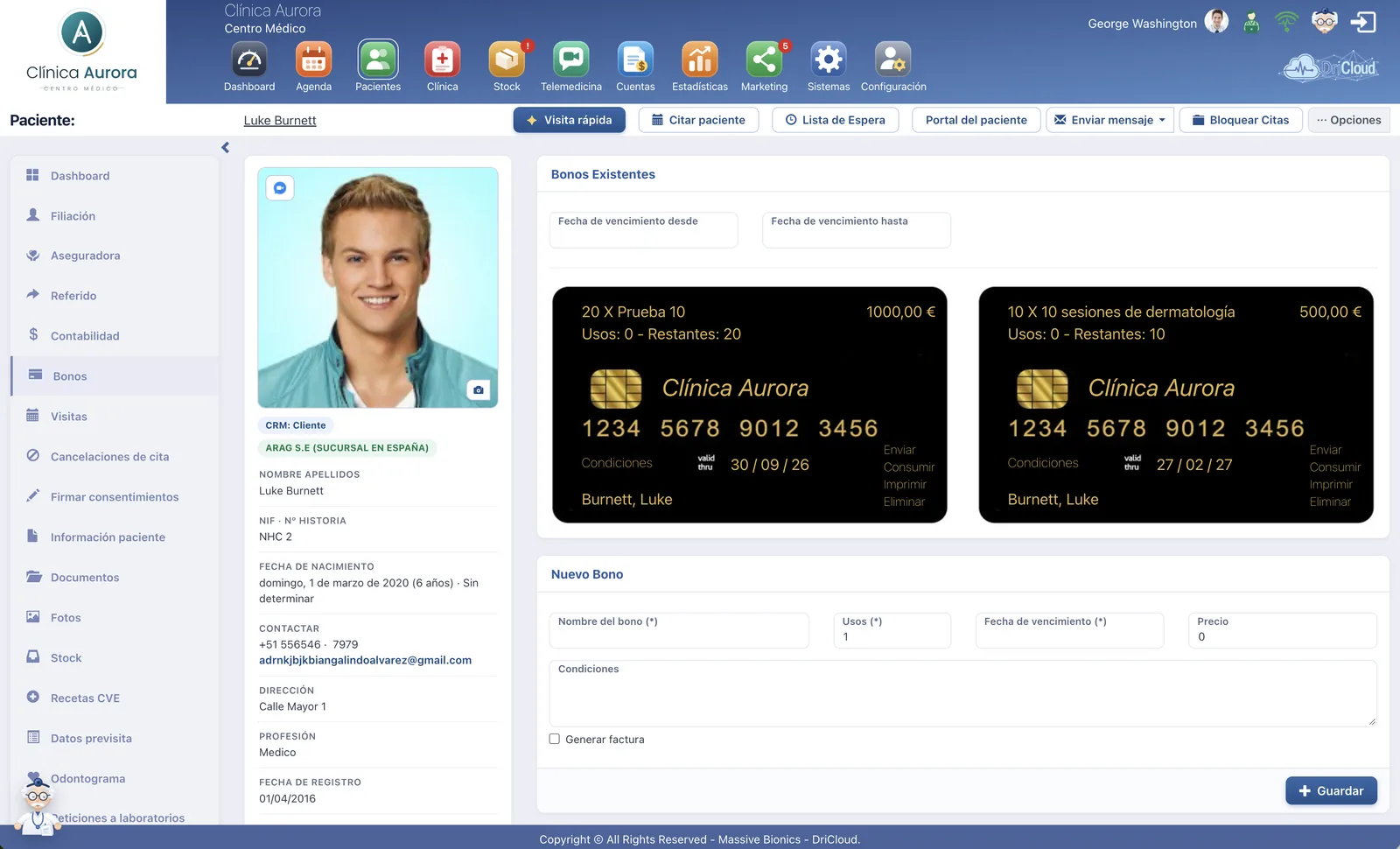 Bonos de un paciente en DriCloud: bonos existentes con sus usos restantes, importe y caducidad, y el formulario para crear uno nuevo con precio, condiciones y factura automatica