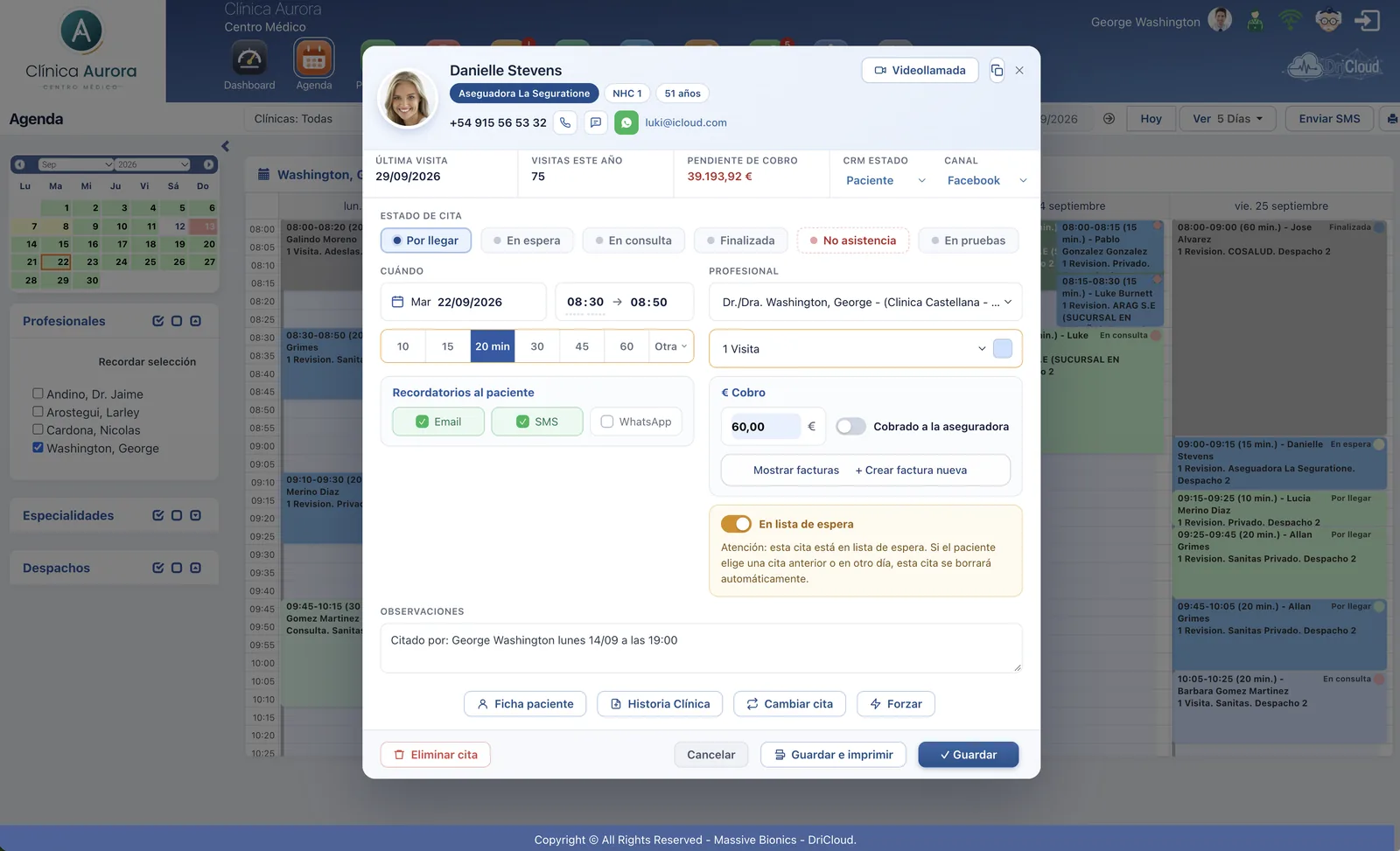 Ficha de una cita en DriCloud: estado, duracion, profesional, cobro, recordatorios, lista de espera y acceso a la historia clinica