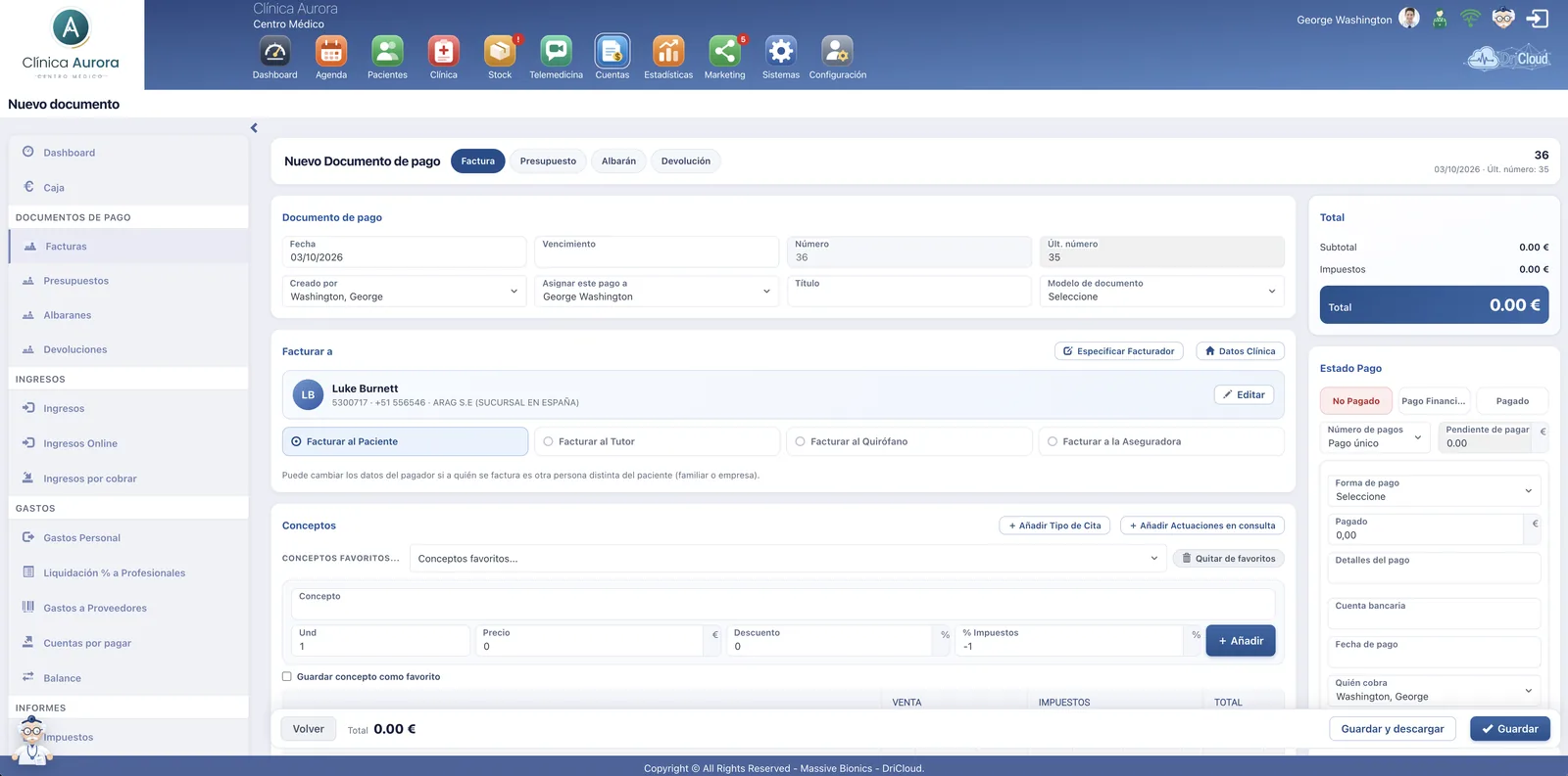 Factura de un medico autonomo en DriCloud: datos del documento, a quien se factura, conceptos, estado del pago, forma de cobro y quien cobra