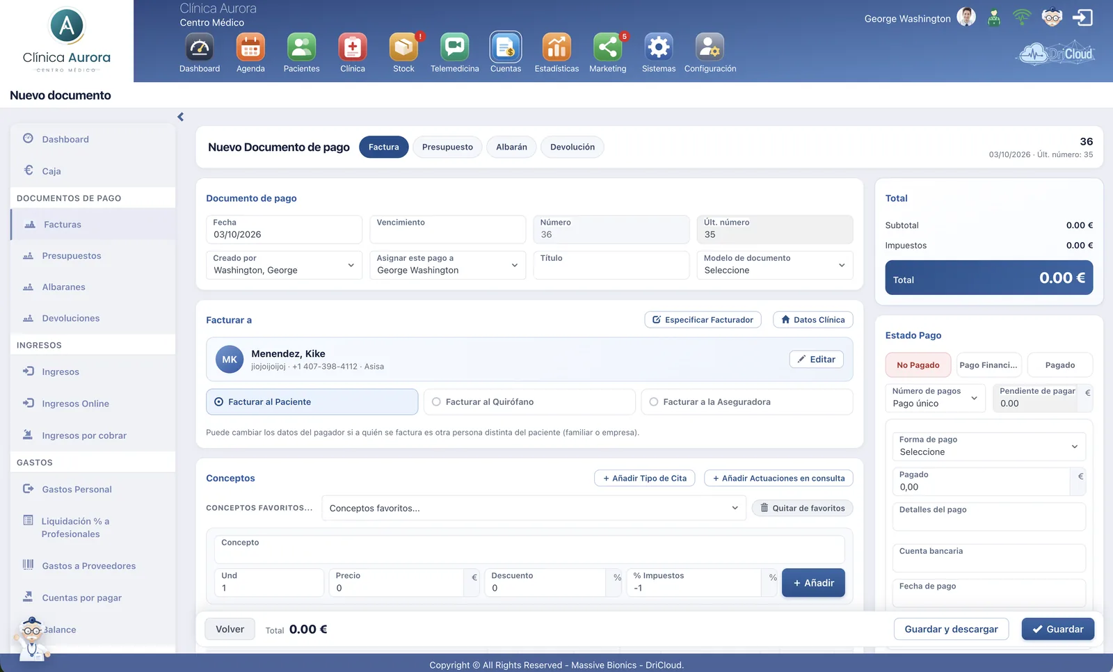 Nueva factura en DriCloud con los datos del paciente ya puestos: conceptos, impuestos, estado del pago y total, lista para firmar con VeriFactu o TicketBAI
