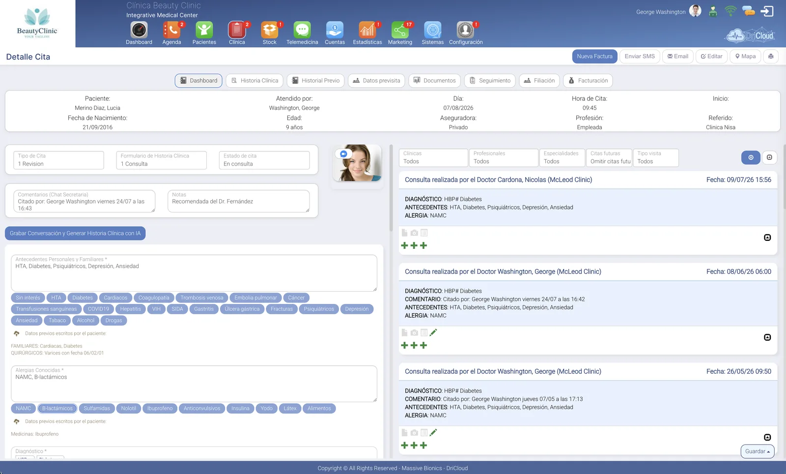 La historia clínica de un paciente en DriCloud, con sus consultas, diagnósticos y antecedentes