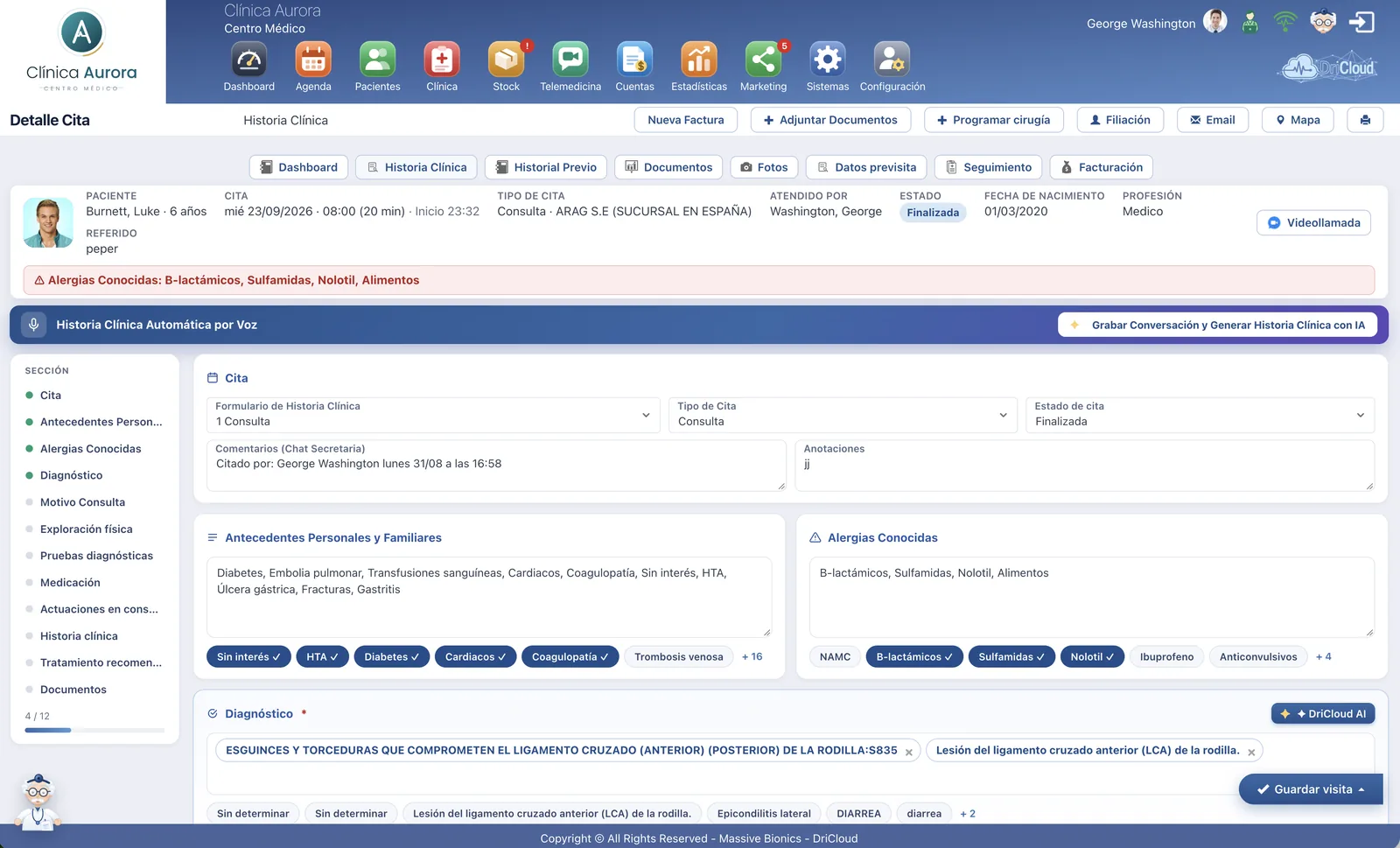 Historia clinica electronica de DriCloud con la generacion automatica por voz con IA, antecedentes, alergias y diagnosticos CIE-10