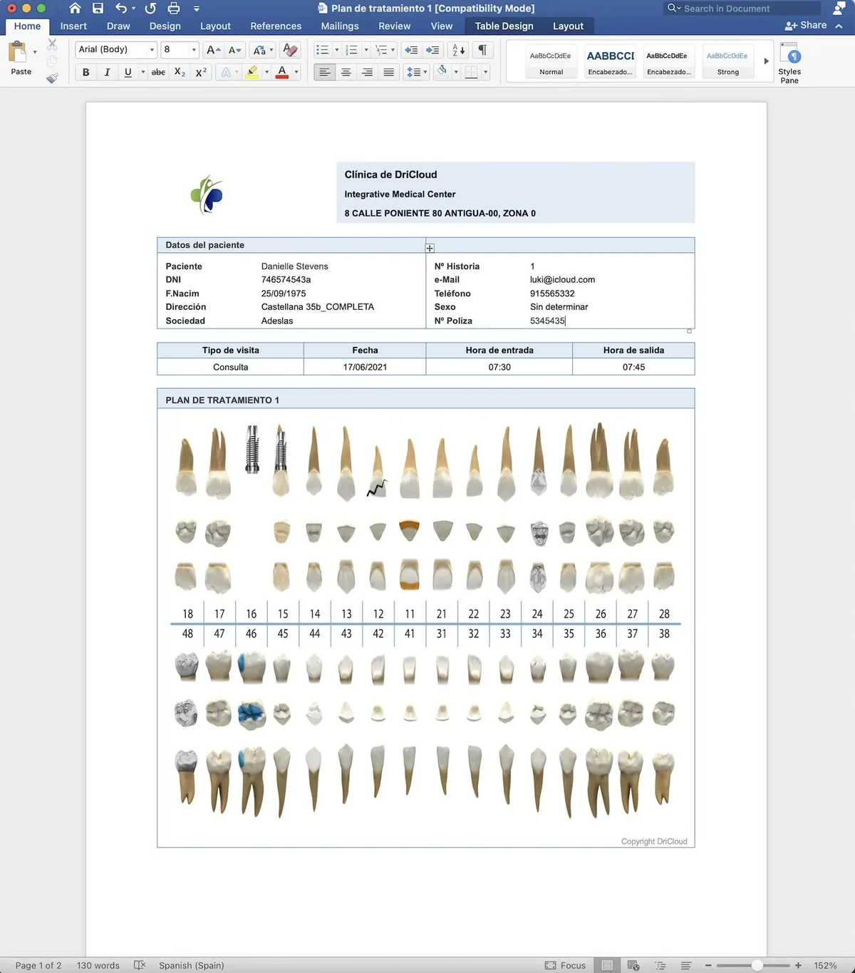 Modelo de informe de una clínica dental generado por DriCloud en Word