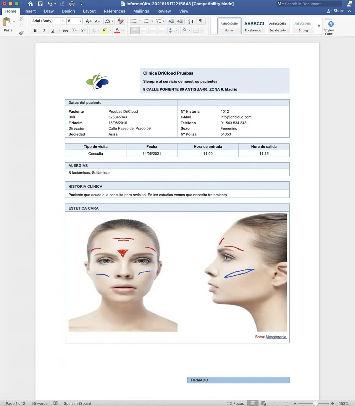 Modelo de informe de dermatología y estética generado por DriCloud en Word