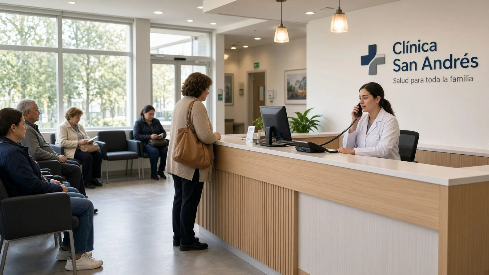 Recepcion de una clinica atendiendo el telefono mientras varios pacientes esperan en la sala: las llamadas que el equipo no puede coger