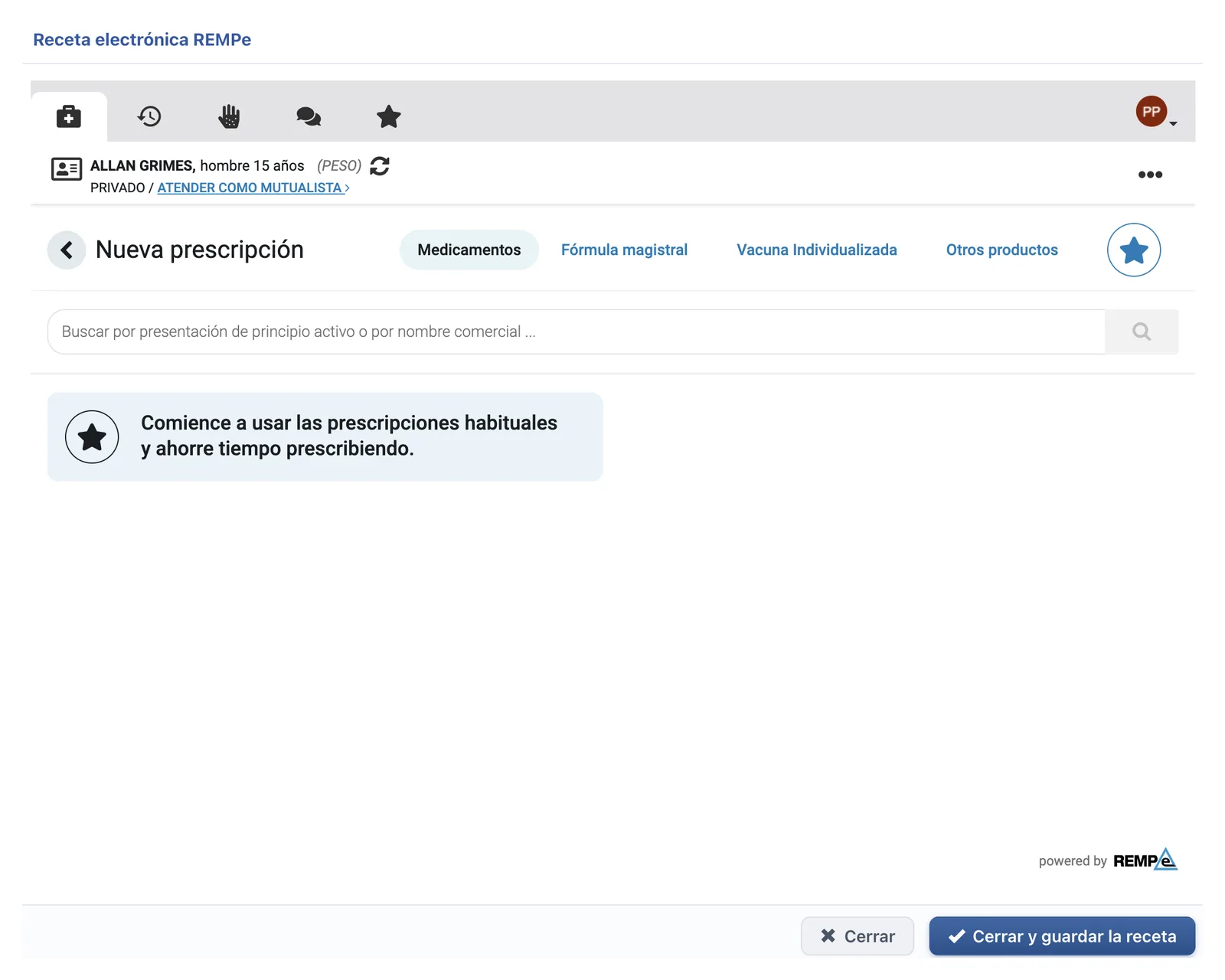 Receta electrónica REMPe abierta dentro de DriCloud desde la cita del paciente: nueva prescripción de medicamentos, fórmula magistral, vacuna individualizada u otros productos, con el botón para cerrar y guardar la receta en la historia clínica