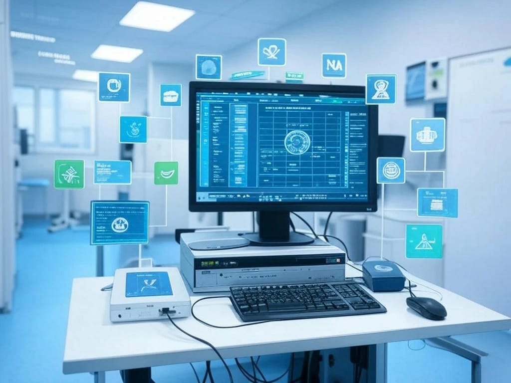 "Icono de un expediente médico digital con una cruz de salud, representando historias clínicas digitales