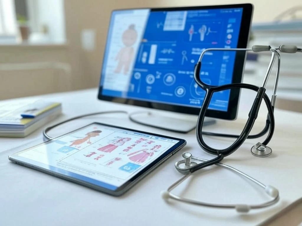 Ilustración de telemedicina pediátrica: médico en videollamada con un niño y su madre.
