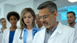 Ícone de software médico com tela exibindo agenda e símbolos de saúde.